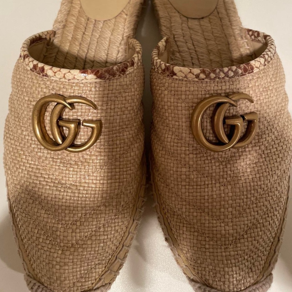 Gucci tan and gold espadrille mules